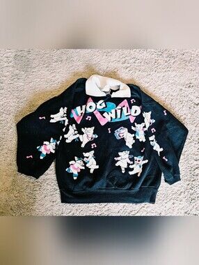 Vintage 80s/90s Spumoni by Rose Cage "Hog Wild" Pig Graphic Collared Sweatshirt